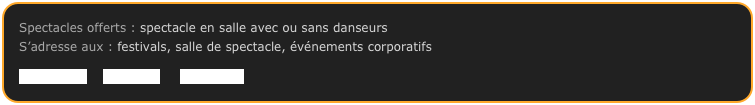 Spectacles offerts : spectacle en salle avec ou sans danseurs
S’adresse aux : festivals, salle de spectacle, événements corporatifs
Site officiel Facebook Bandcamp